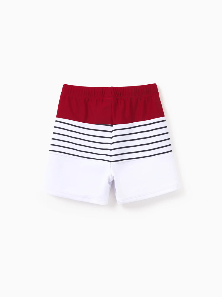 Toddler Boy Swimsuits Red Striped Colorblock Swim Trunks Matching Beachwear Outfits for Summer, Cruise, Vacation Red