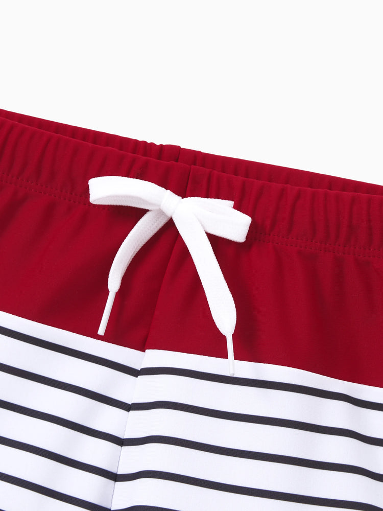 Toddler Boy Swimsuits Red Striped Colorblock Swim Trunks Matching Beachwear Outfits for Summer, Cruise, Vacation Red
