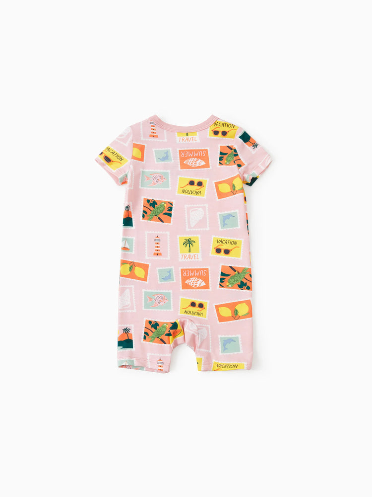 Daddy & Son Bamboo Family Pajamas Vacation Theme Print Short-sleeve Matching Pajama set (Snug-Fitting for Children) Color block