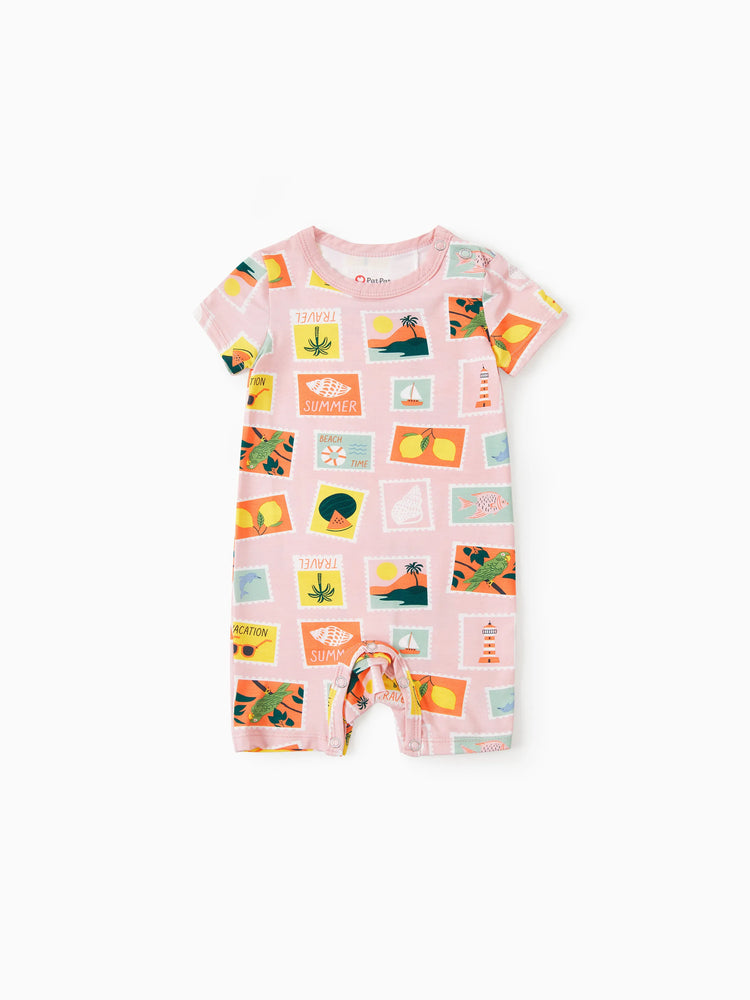 Pijamas familiares de bambú para mamá y niña con estampado de tema vacacional, pijama de manga corta a juego (ajustado para niños) Bloque de color