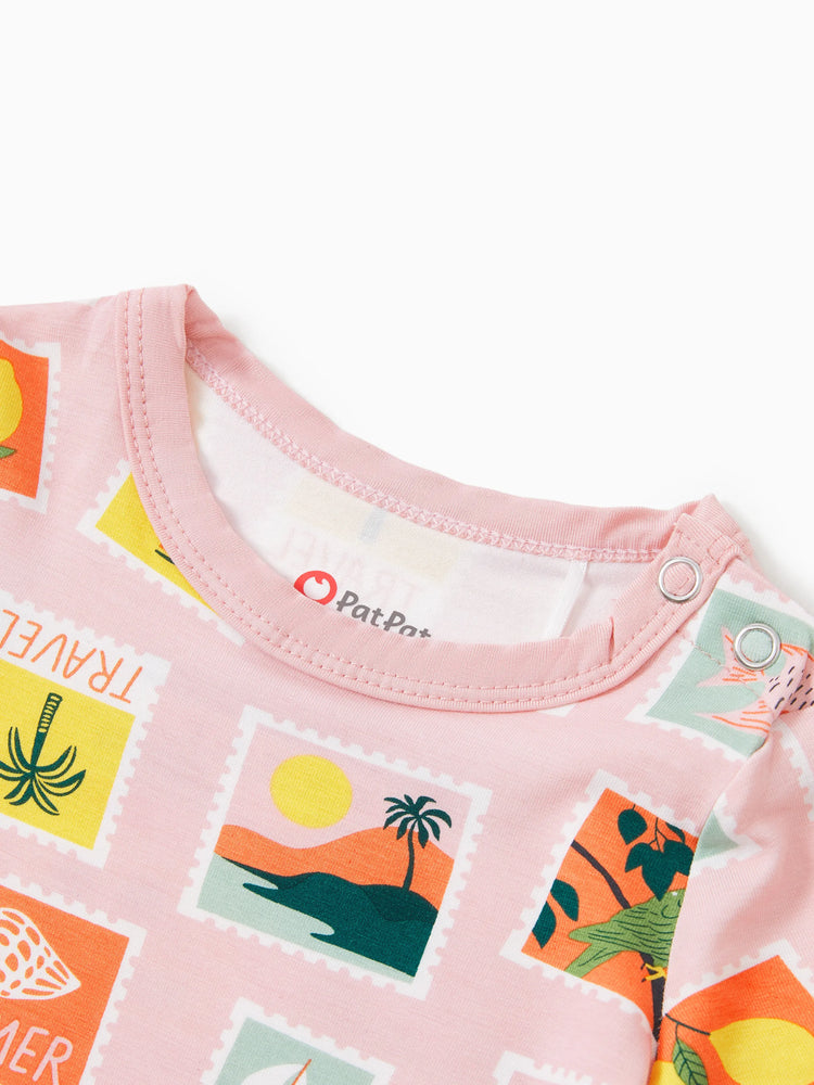 Pijamas familiares de bambú para mamá y niña con estampado de tema vacacional, pijama de manga corta a juego (ajustado para niños) Bloque de color