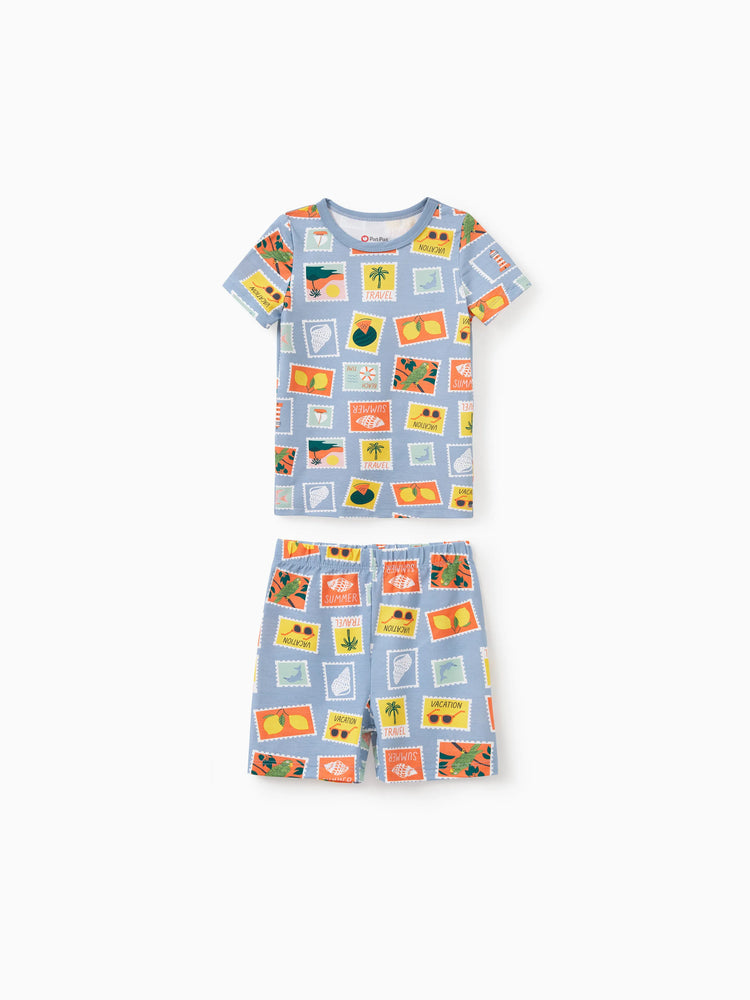 Pijamas familiares de bambú para mamá y niña con estampado de tema vacacional, pijama de manga corta a juego (ajustado para niños) Bloque de color