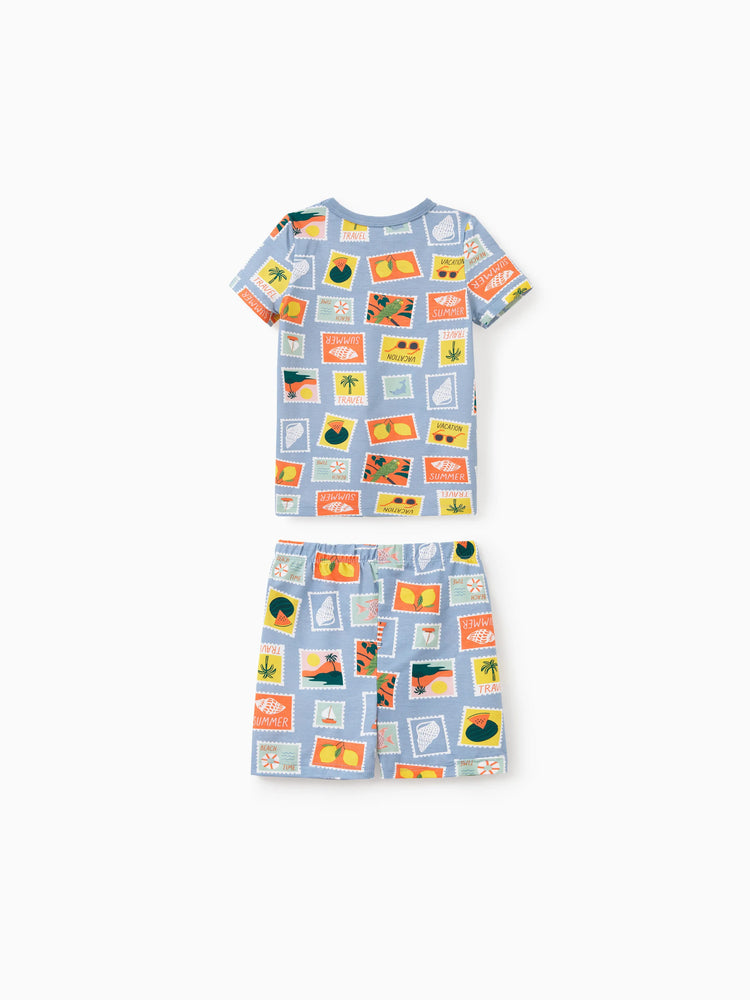 Pijamas familiares de bambú para mamá y niña con estampado de tema vacacional, pijama de manga corta a juego (ajustado para niños) Bloque de color