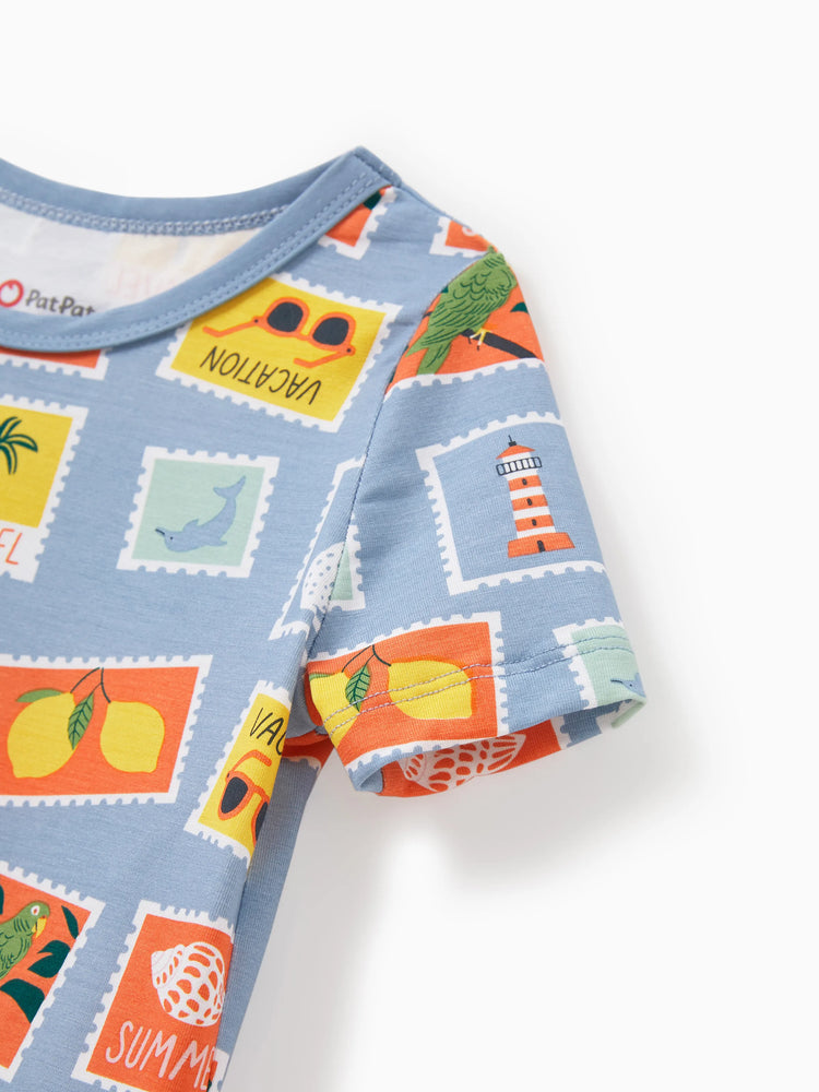 Daddy & Son Bamboo Family Pajamas Vacation Theme Print Short-sleeve Matching Pajama set (Snug-Fitting for Children) Color block
