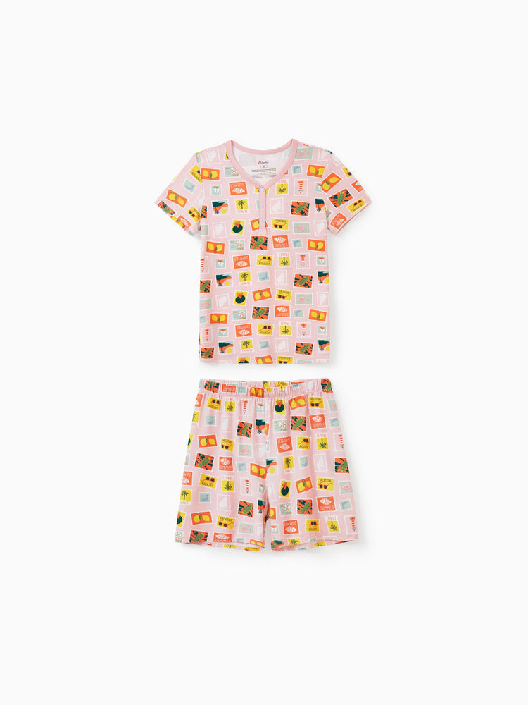 Pijamas familiares de bambú para mamá y niña con estampado de tema vacacional, pijama de manga corta a juego (ajustado para niños) Bloque de color
