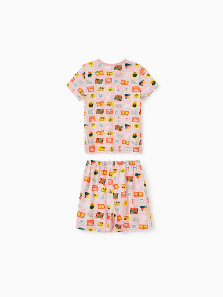 Pijamas familiares de bambú para mamá y niña con estampado de tema vacacional, pijama de manga corta a juego (ajustado para niños) Bloque de color