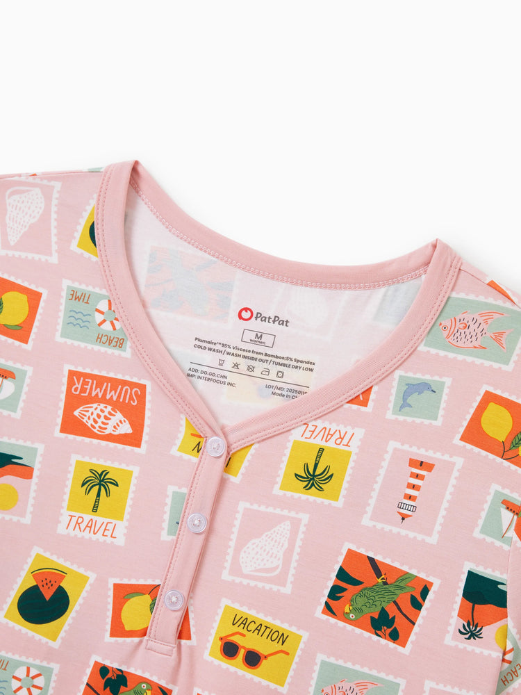 Pijamas familiares de bambú para mamá y niña con estampado de tema vacacional, pijama de manga corta a juego (ajustado para niños) Bloque de color