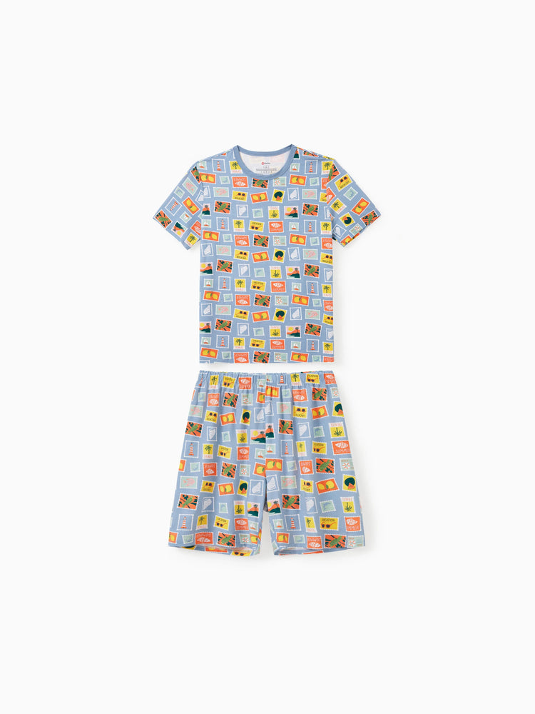 Daddy & Son Bamboo Family Pajamas Vacation Theme Print Short-sleeve Matching Pajama set (Snug-Fitting for Children) Color block