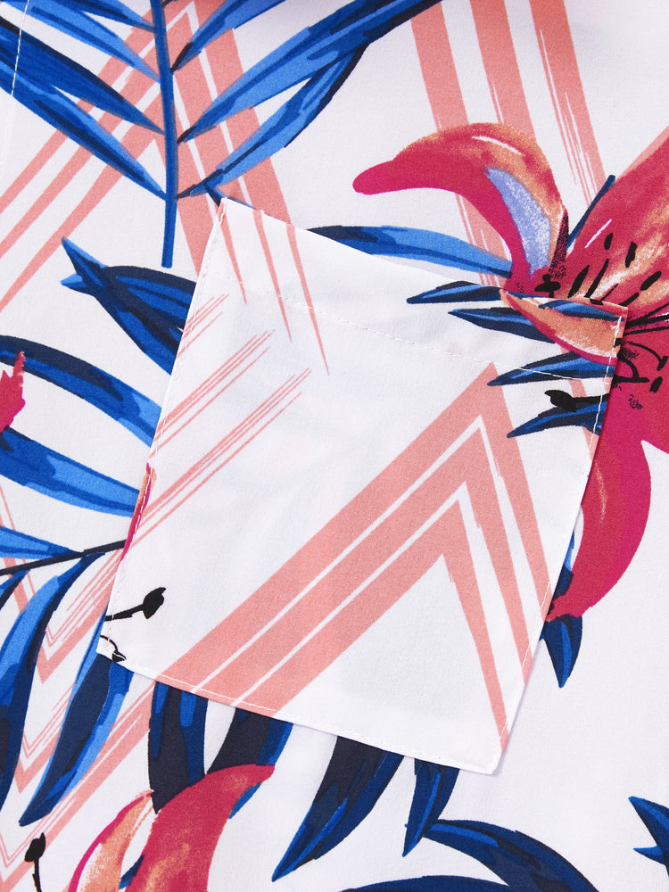 Conjuntos Tropicales de Papá e Hija Camisa de Manga Corta con Estampado de Hojas Rosas y Azules o Top Fruncido de Un Hombro y Falda a Juego para Vacaciones, Crucero, Playa Blanco