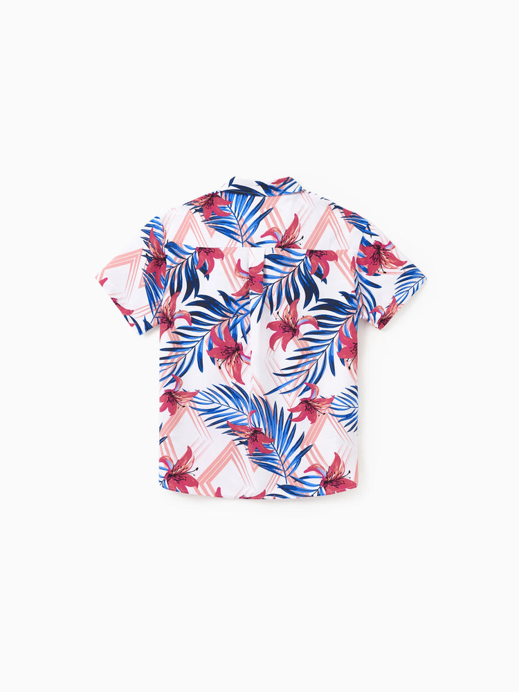 Conjuntos Tropicales de Papá e Hija Camisa de Manga Corta con Estampado de Hojas Rosas y Azules o Top Fruncido de Un Hombro y Falda a Juego para Vacaciones, Crucero, Playa Blanco