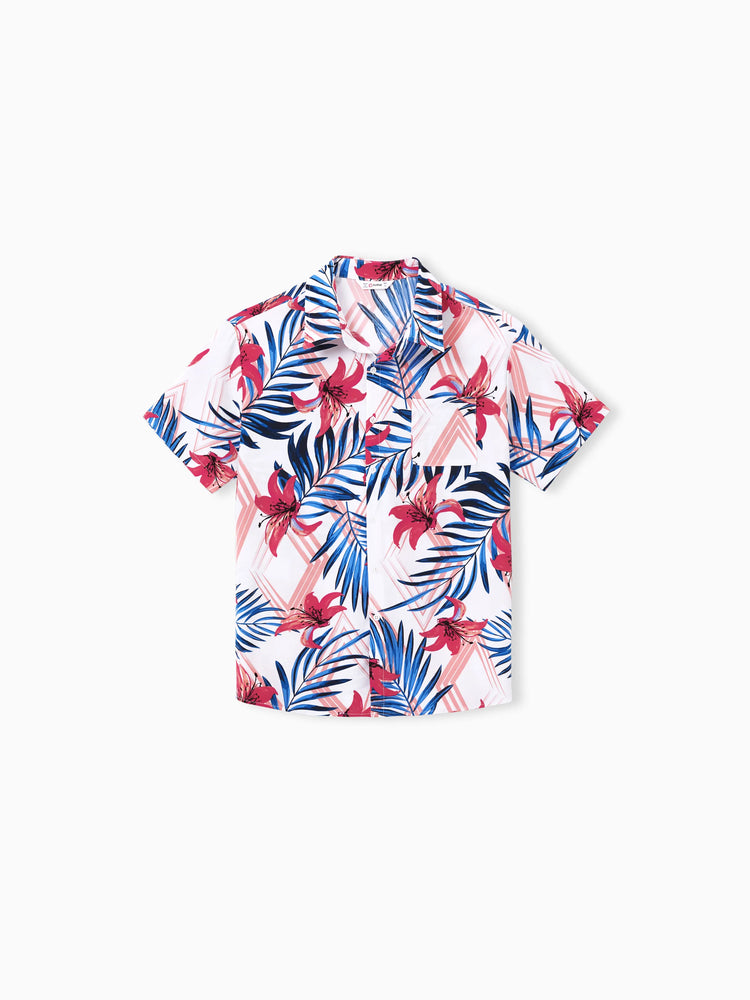 Conjuntos Tropicales de Papá e Hija Camisa de Manga Corta con Estampado de Hojas Rosas y Azules o Top Fruncido de Un Hombro y Falda a Juego para Vacaciones, Crucero, Playa Blanco
