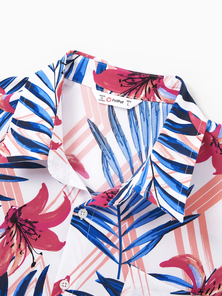 Conjuntos Tropicales de Papá e Hija Camisa de Manga Corta con Estampado de Hojas Rosas y Azules o Top Fruncido de Un Hombro y Falda a Juego para Vacaciones, Crucero, Playa Blanco