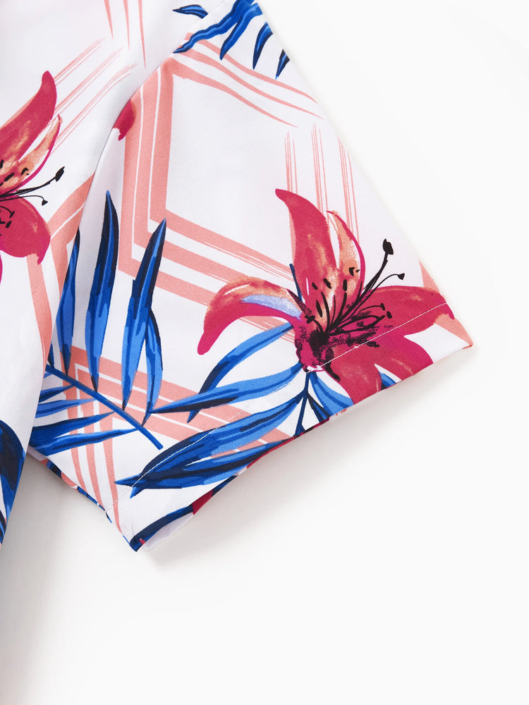 Tenues familiales assorties à fleurs tropicales, chemise à manches courtes à imprimé feuilles rose et bleu ou ensemble haut à smocks à une épaule et jupe assortis pour les vacances, la croisière, la plage, blanc