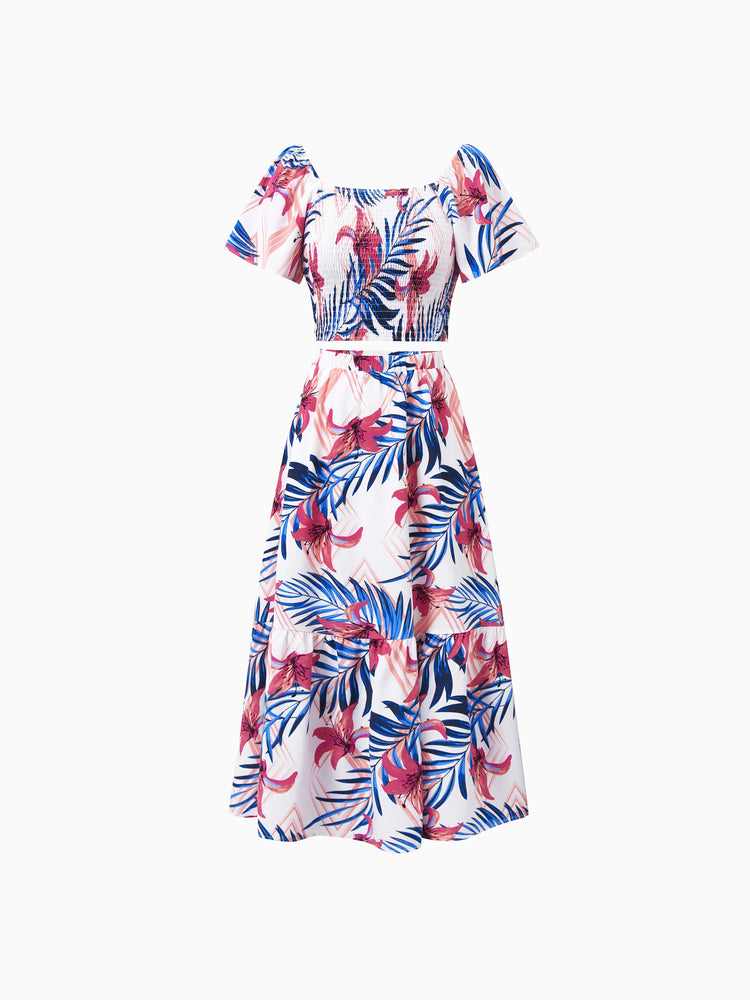 Mommy & me Tropical Floral Outfits Pink Blue Leaf Print Short-sleeve Shirt or One Shoulder Smocked top and Skirt Co-ord Set for Vacation, Cruise, Beach White