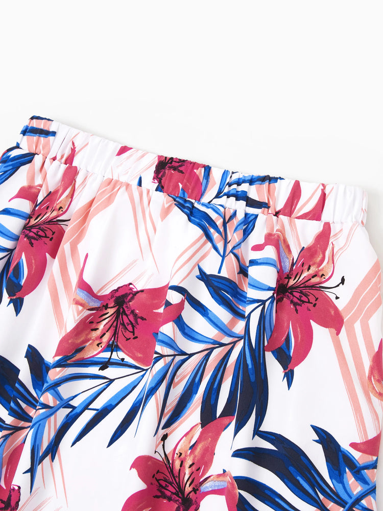 Mommy & me Tropical Floral Outfits Pink Blue Leaf Print Short-sleeve Shirt or One Shoulder Smocked top and Skirt Co-ord Set for Vacation, Cruise, Beach White