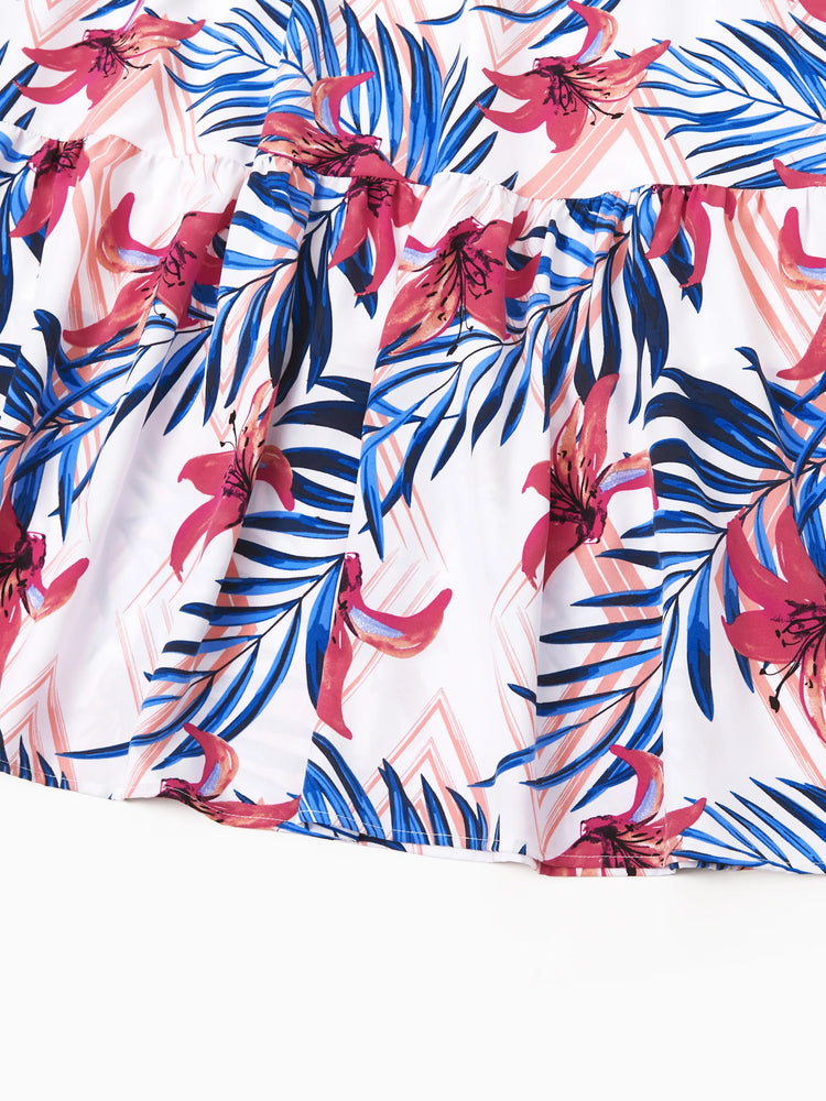 Mommy & me Tropical Floral Outfits Pink Blue Leaf Print Short-sleeve Shirt or One Shoulder Smocked top and Skirt Co-ord Set for Vacation, Cruise, Beach White