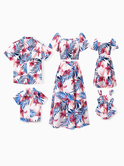 Tenues familiales assorties à fleurs tropicales, chemise à manches courtes à imprimé feuilles rose et bleu ou ensemble haut à smocks à une épaule et jupe assortis pour les vacances, la croisière, la plage, blanc