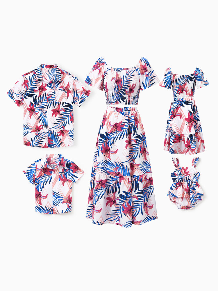 Tenues familiales assorties à fleurs tropicales, chemise à manches courtes à imprimé feuilles rose et bleu ou ensemble haut à smocks à une épaule et jupe assortis pour les vacances, la croisière, la plage, blanc