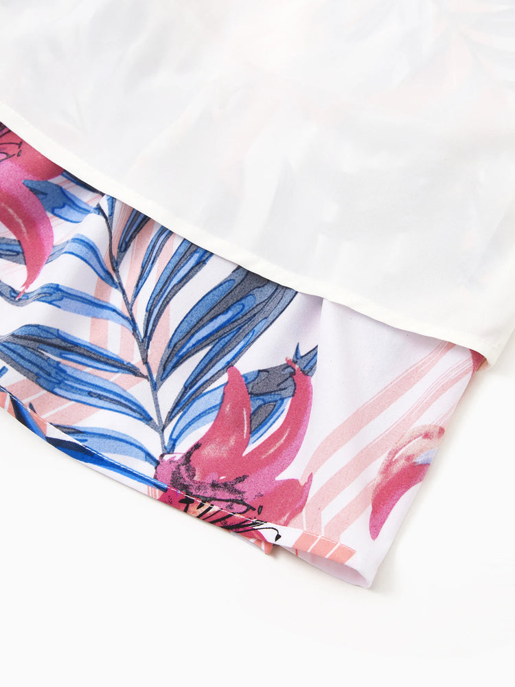 Mommy & me Tropical Floral Outfits Pink Blue Leaf Print Short-sleeve Shirt or One Shoulder Smocked top and Skirt Co-ord Set for Vacation, Cruise, Beach White