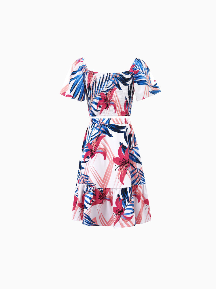 Mommy & me Tropical Floral Outfits Pink Blue Leaf Print Short-sleeve Shirt or One Shoulder Smocked top and Skirt Co-ord Set for Vacation, Cruise, Beach White