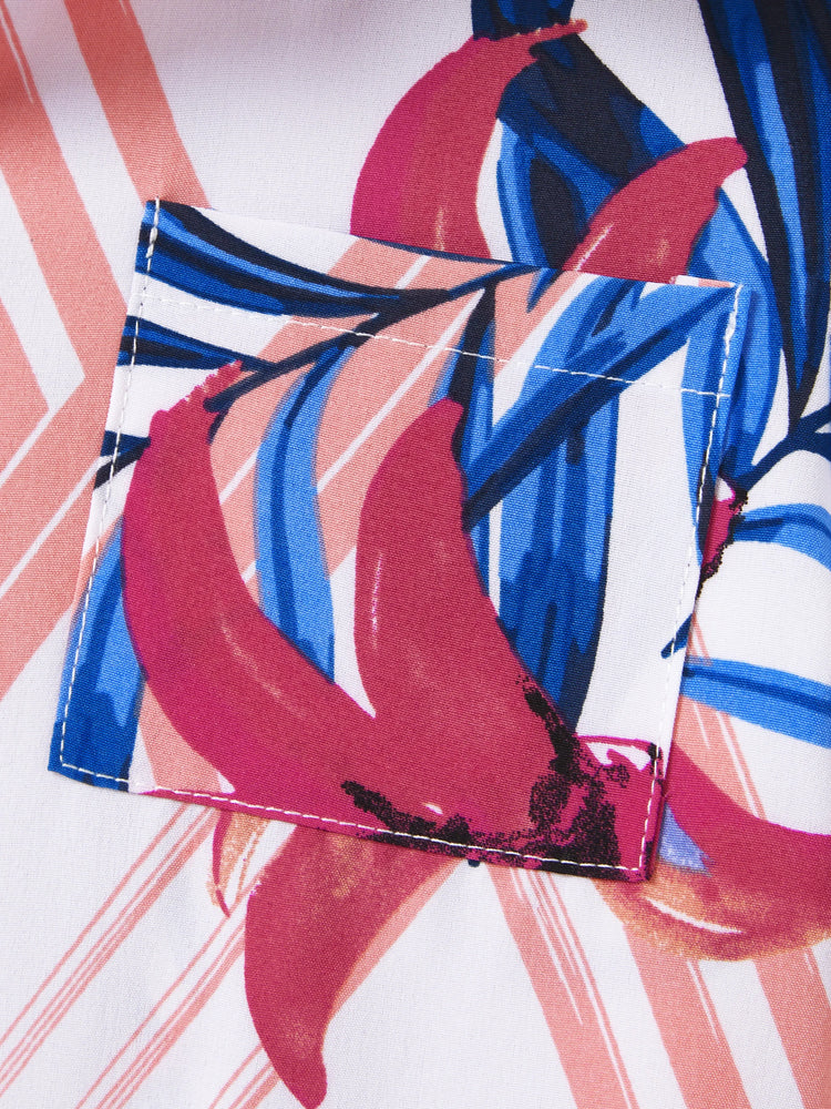 Tenues familiales assorties à fleurs tropicales, chemise à manches courtes à imprimé feuilles rose et bleu ou ensemble haut à smocks à une épaule et jupe assortis pour les vacances, la croisière, la plage, blanc