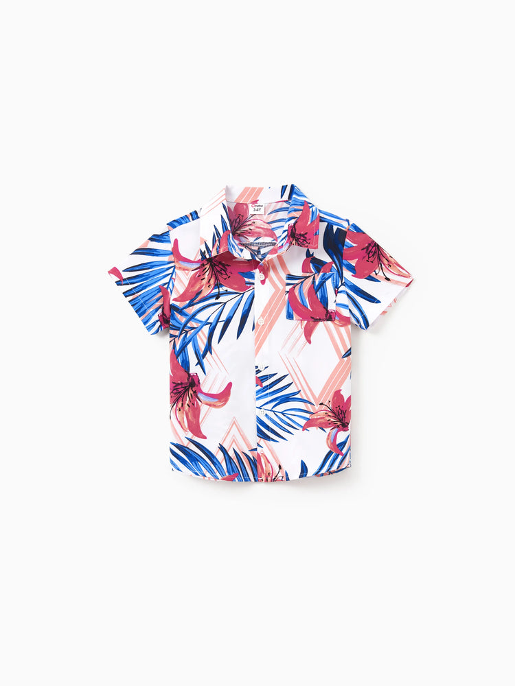Daddy & Son Tropische Blumenoutfits Pink Blaues Blattmuster Kurzarmhemd-Set für Urlaub, Kreuzfahrt, Strand Weiß