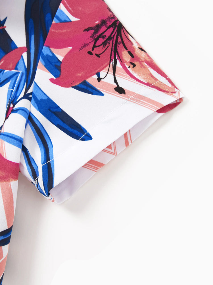Tenues familiales assorties à fleurs tropicales, chemise à manches courtes à imprimé feuilles rose et bleu ou ensemble haut à smocks à une épaule et jupe assortis pour les vacances, la croisière, la plage, blanc