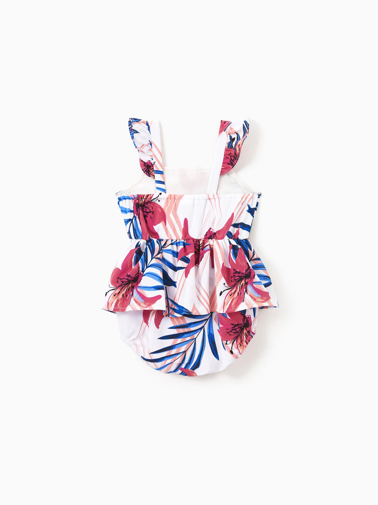 Mommy & me Tropical Floral Outfits Pink Blue Leaf Print Short-sleeve Shirt or One Shoulder Smocked top and Skirt Co-ord Set for Vacation, Cruise, Beach White