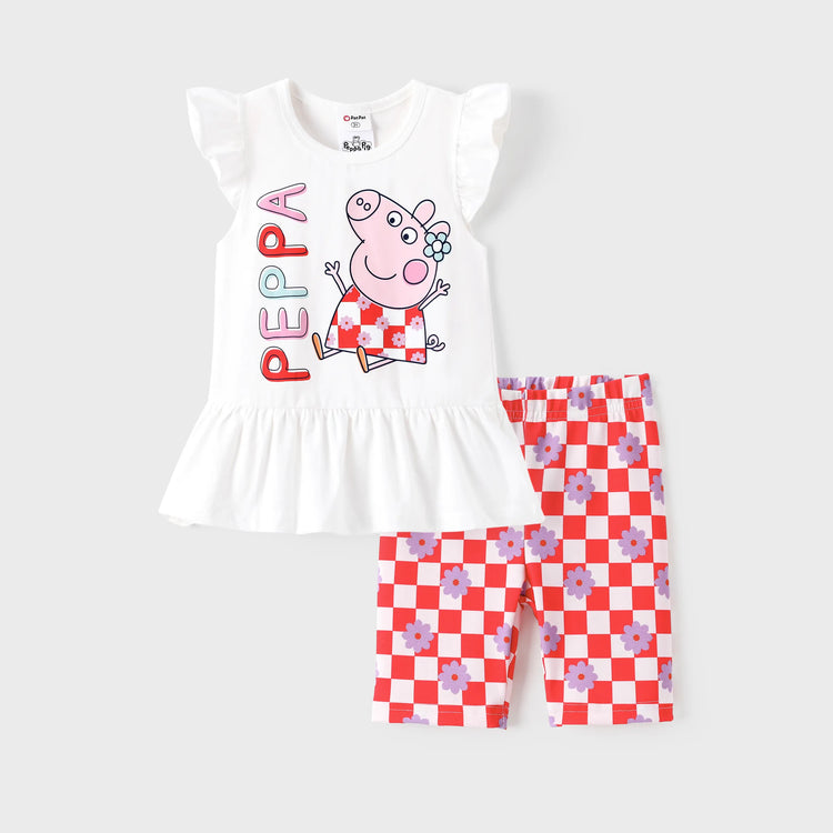 Peppa Pig Toddler Girl 2pcs Cotton Ruffle-sleeve Top and Naia™ Floral Plaid Leggings Set White