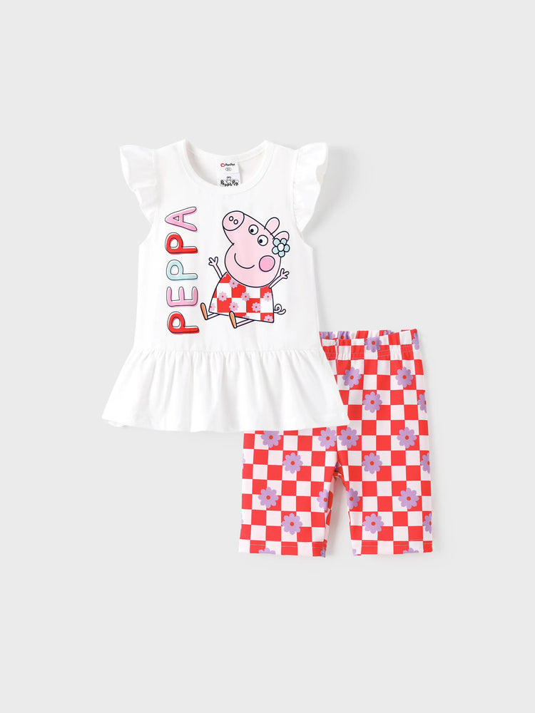 Peppa Pig Toddler Girl 2pcs Cotton Ruffle-sleeve Top and Naia™ Floral Plaid Leggings Set White