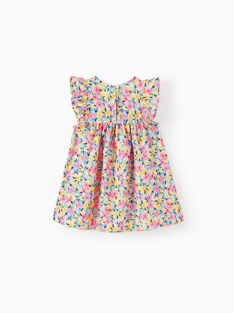 Vestido floral con mangas abullonadas para niña, color rosa melocotón