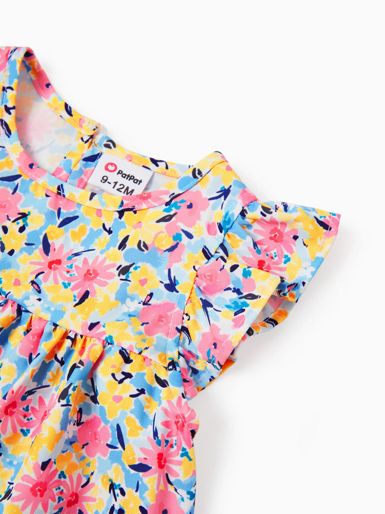 Vestido floral con mangas abullonadas para niña, color rosa melocotón