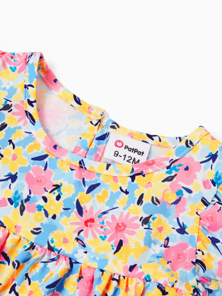 Vestido floral con mangas abullonadas para niña, color rosa melocotón