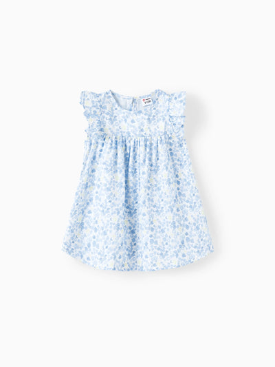 Süßes Baby Mädchen Kleid mit gezackten Flatterärmeln und zerbrochenem Blumenmuster - 1 Stück hellgrün