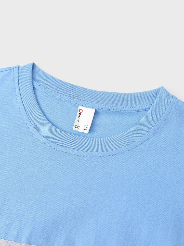 Tenues familiales assorties : robe à imprimé floral bleu et blanc ou t-shirt colorblock, ensemble vacances d'été bleu