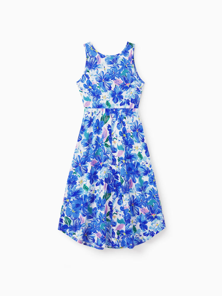 Matching Family Outfits Summer Blue Set Tropical Floral Print Sundresses or Splicing Colorblock T-shirt Hawaiian Vacation Beachwear for Family Photos Blue