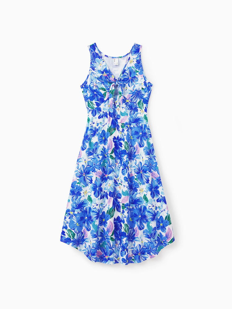 Matching Family Outfits Summer Blue Set Tropical Floral Print Sundresses or Splicing Colorblock T-shirt Hawaiian Vacation Beachwear for Family Photos Blue