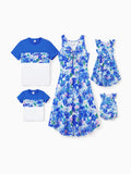 Matching Family Outfits Summer Blue Set Tropical Floral Print Sundresses or Splicing Colorblock T-shirt Hawaiian Vacation Beachwear for Family Photos Blue