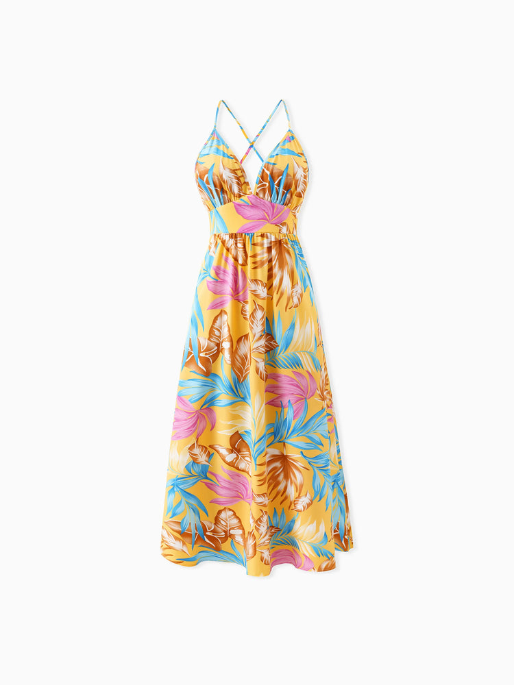 Mommy and Me Family Matching Yellow Set Tropical Leaf Print Short-sleeve Shirt or Strap Dress  Yellow