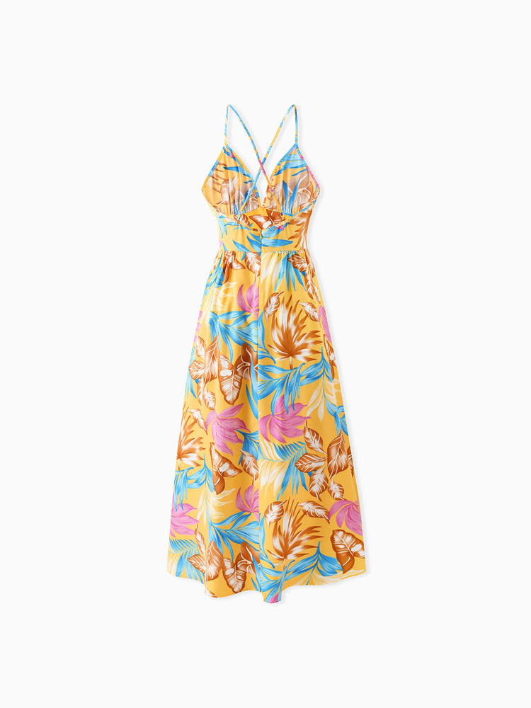 Mommy and Me Family Matching Yellow Set Tropical Leaf Print Short-sleeve Shirt or Strap Dress  Yellow
