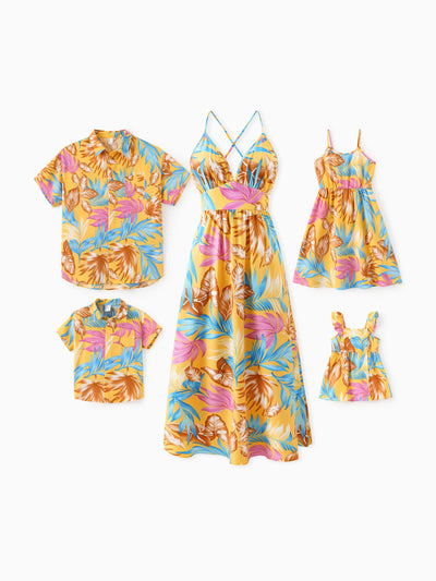Ensemble familial assorti jaune à imprimé feuilles tropicales, chemise à manches courtes ou robe à bretelles jaune