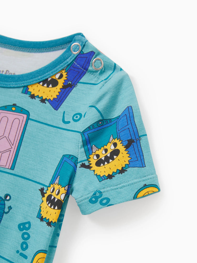 Pyjama familial en bambou imprimé dessin animé, ensemble de pyjama assorti à manches courtes (ajusté pour les enfants) vert