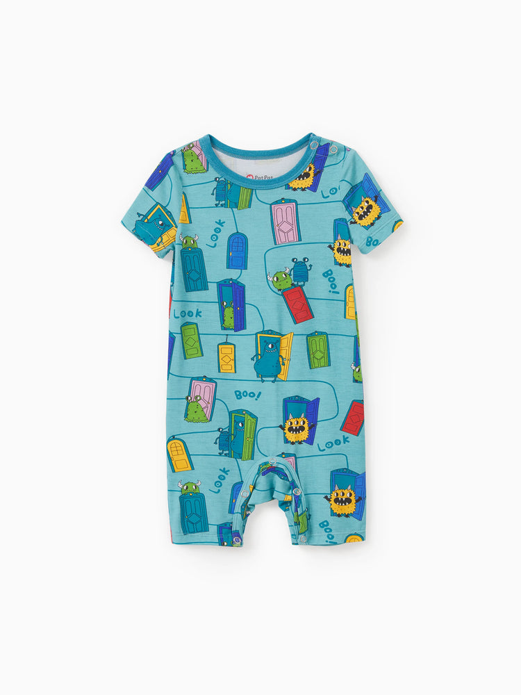 Pyjama familial en bambou imprimé dessin animé, ensemble de pyjama assorti à manches courtes (ajusté pour les enfants) vert