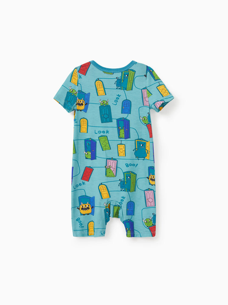 Pyjama familial en bambou imprimé dessin animé, ensemble de pyjama assorti à manches courtes (ajusté pour les enfants) vert