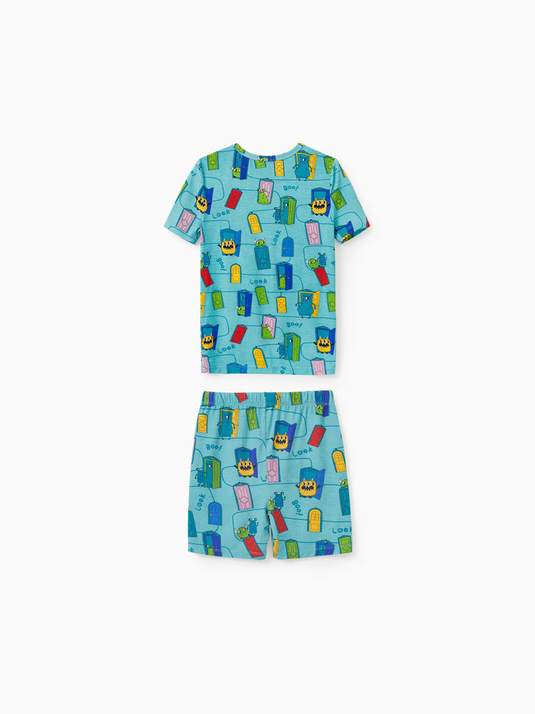 Pyjama familial en bambou imprimé dessin animé, ensemble de pyjama assorti à manches courtes (ajusté pour les enfants) vert