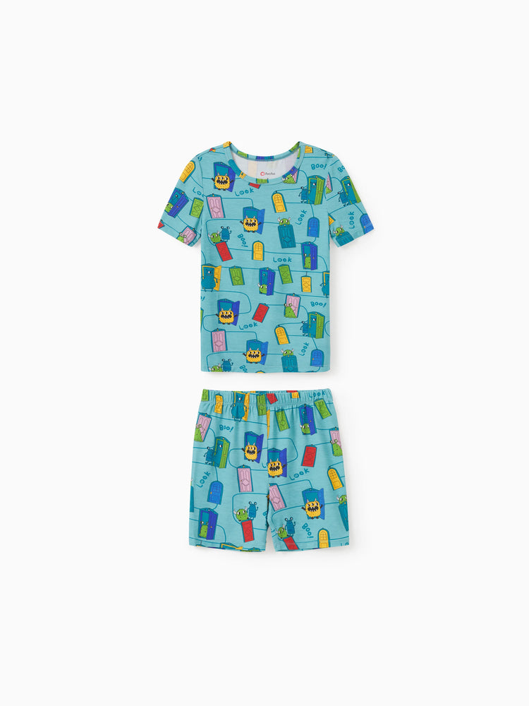 Pyjama familial en bambou imprimé dessin animé, ensemble de pyjama assorti à manches courtes (ajusté pour les enfants) vert