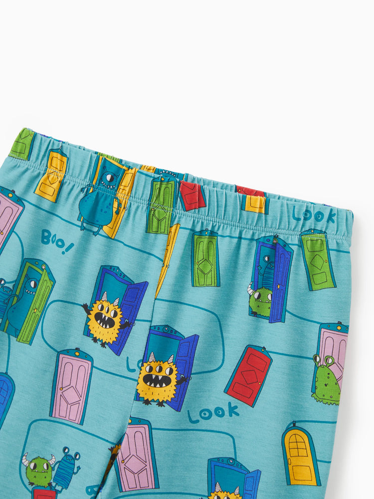 Pyjama familial en bambou imprimé dessin animé, ensemble de pyjama assorti à manches courtes (ajusté pour les enfants) vert