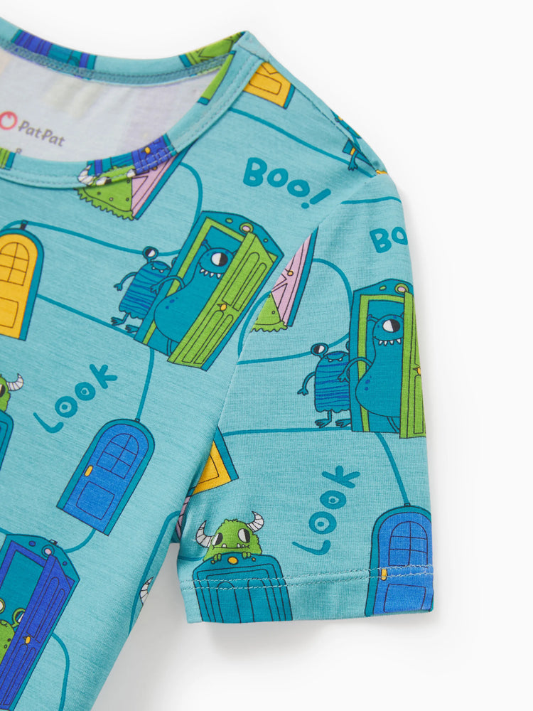 Mommy & me Bamboo Family Pajamas Cartoon Print Short-sleeve Matching Pajama set ( Snug-Fitting for Children ) Green