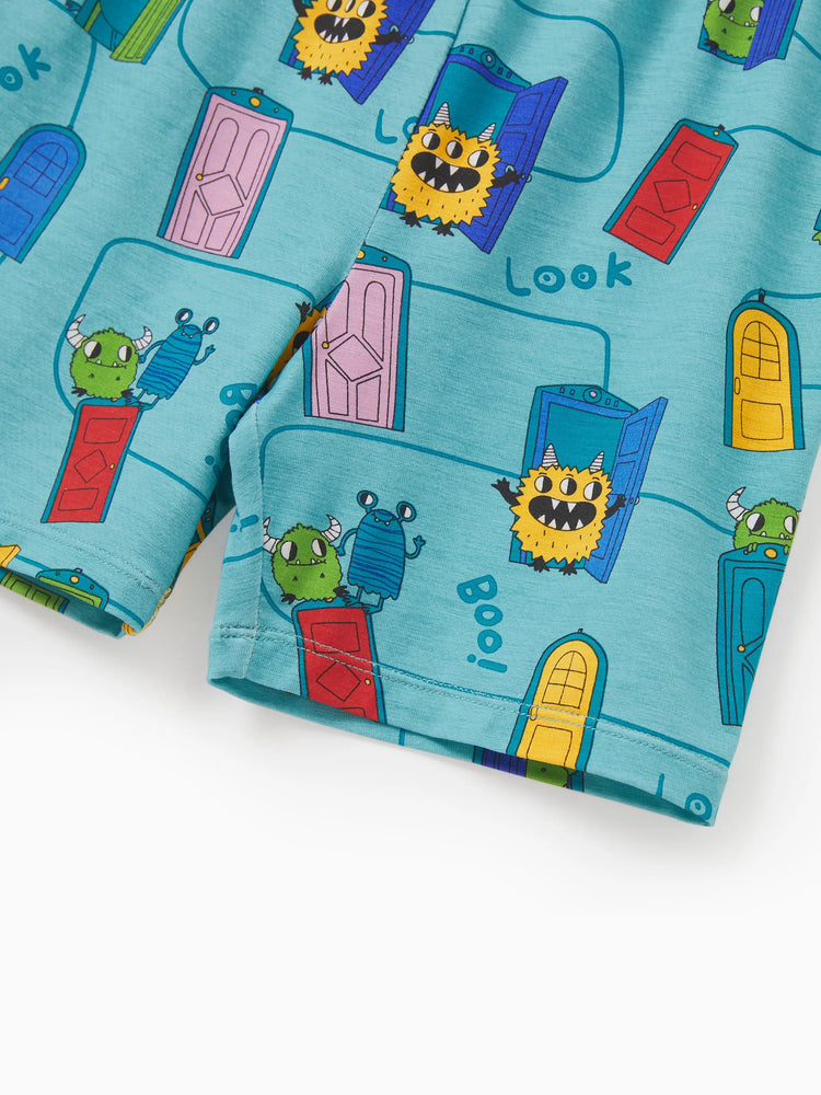 Pyjama familial en bambou imprimé dessin animé, ensemble de pyjama assorti à manches courtes (ajusté pour les enfants) vert