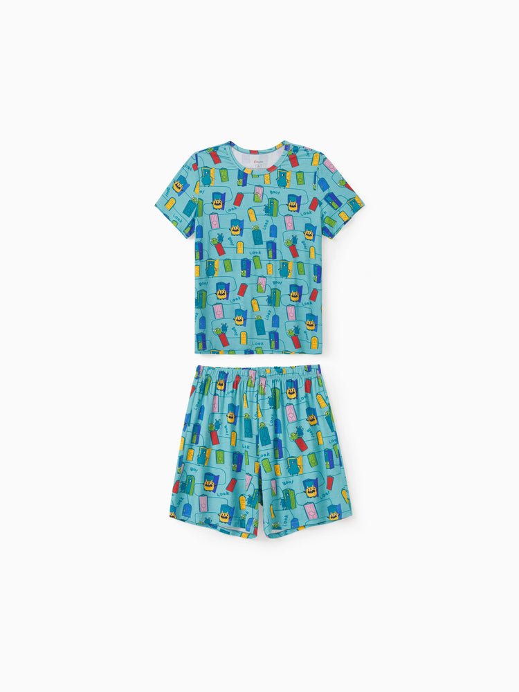 Pyjama familial en bambou imprimé dessin animé, ensemble de pyjama assorti à manches courtes (ajusté pour les enfants) vert